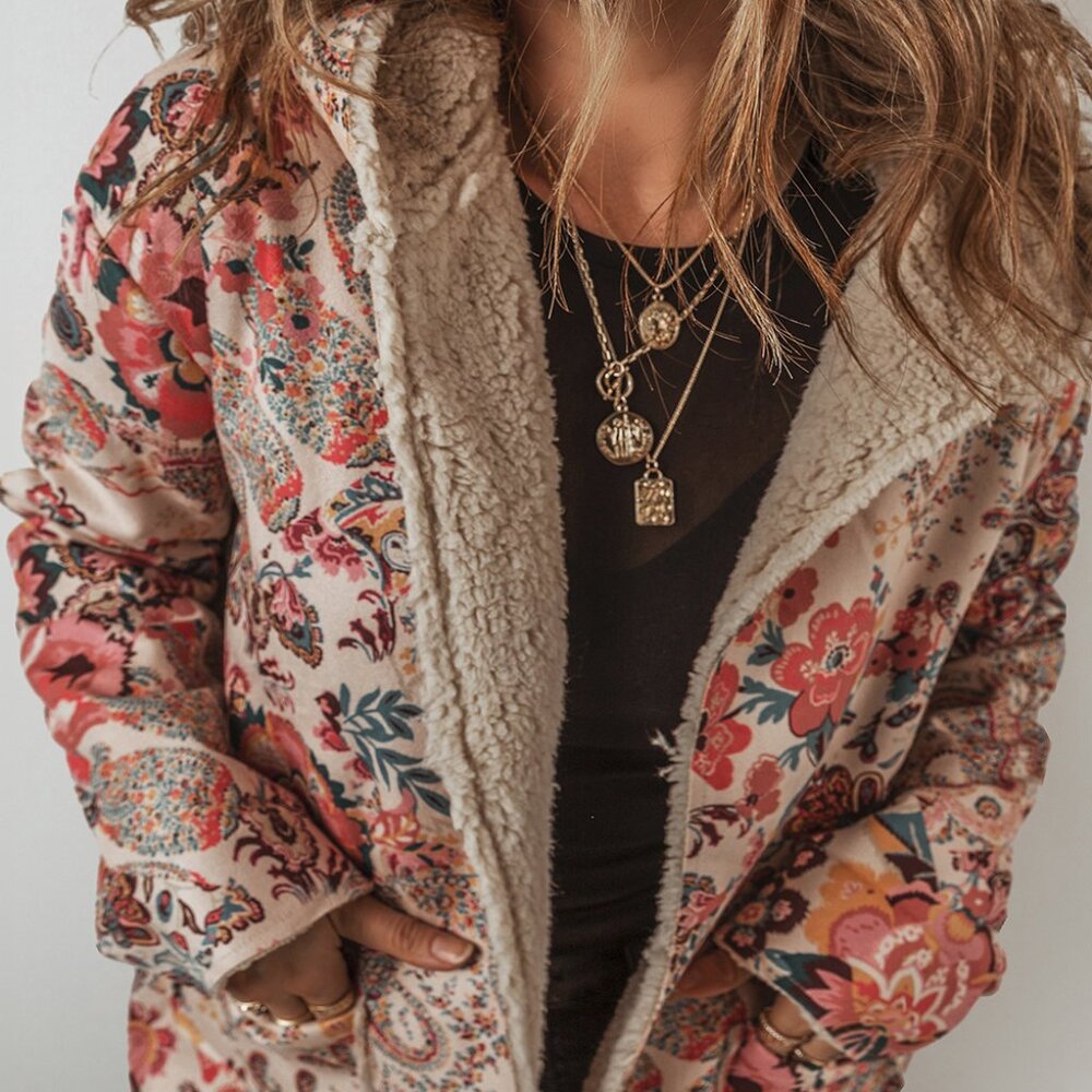 Beige Vintage Paisley Floral Printed Sherpa Lined Hooded Jacket